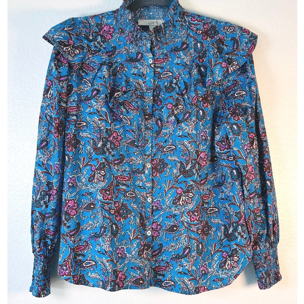 Loft Blue Paisley Floral Western Boho Ruffle Smocked Neck Cotton Blouse Top SZ S